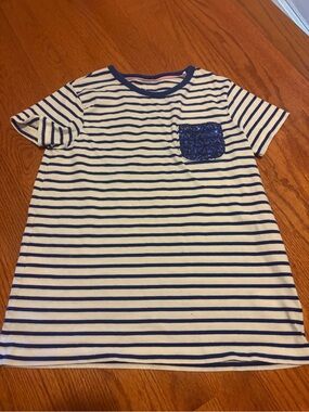 Girls Navy Stripe Sequin Pocket Tee